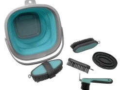 SHILOH STABLES TACK 5-Piece Grooming Kit with Collapsible Bucket- Bathing Tools|Brushes & Hoof Picks