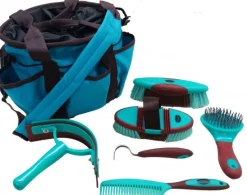 SHILOH STABLES TACK Showman® 6-Piece Soft Grip Grooming Kit with Nylon Bag- Bathing Tools|Brushes & Hoof Picks